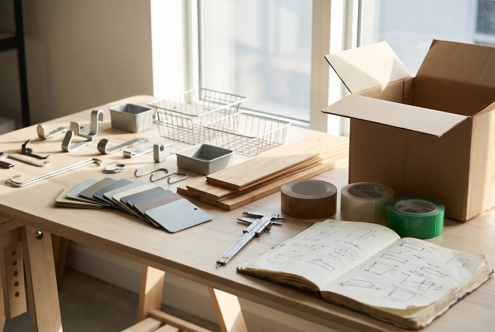 Huanda storage product samples arranged on a sourcing workbench in Ningbo