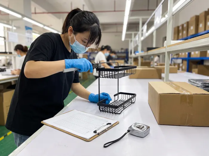Inspector measuring a wire bathroom shelf with digital calipers before shipment