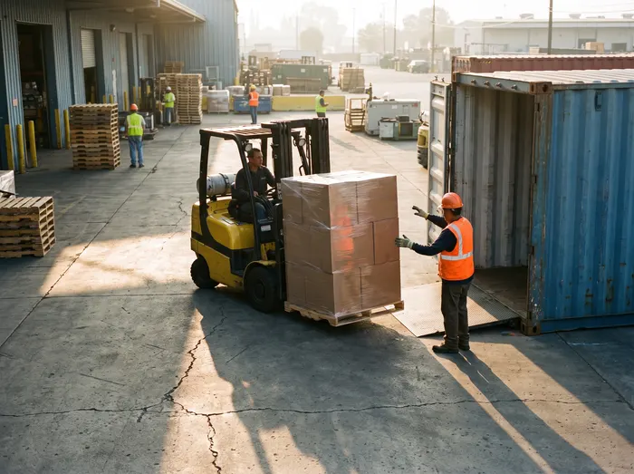 Forklift loading shrink-wrapped pallets into a shipping container