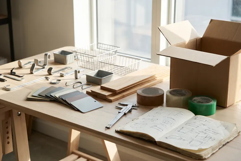 Product samples, material swatches and calipers on a sourcing studio desk